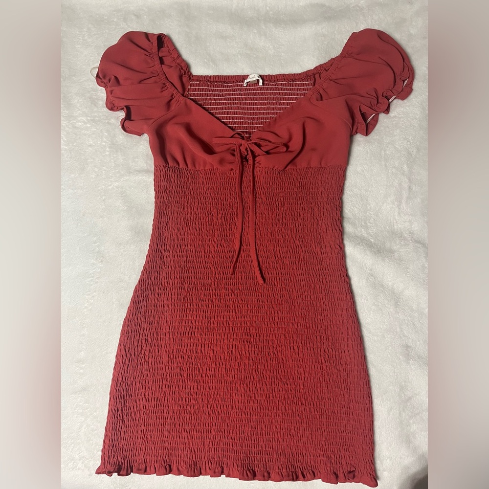 Blush | Red Smocked Dress Ruffle Sleeves